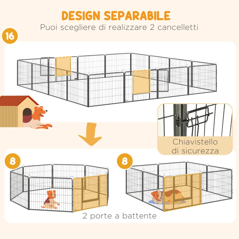 PawHut Recinto per Cani e Cuccioli con 16 Pannelli Modulabili e 2 Ingressi, 80x1.5x60cm