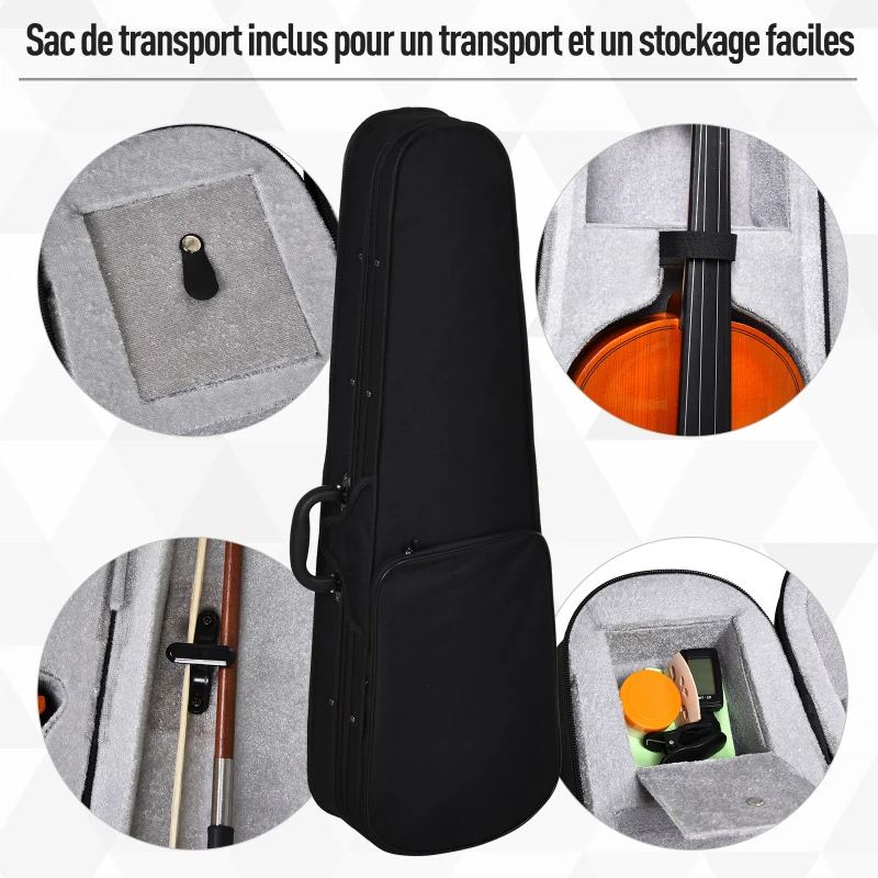 HOMCOM Violon 4/4 pleine grandeur avec étui, accordeur, épaulière, archet, colophane, cordes rechange et chiffon contreplaqué épicéa et érable