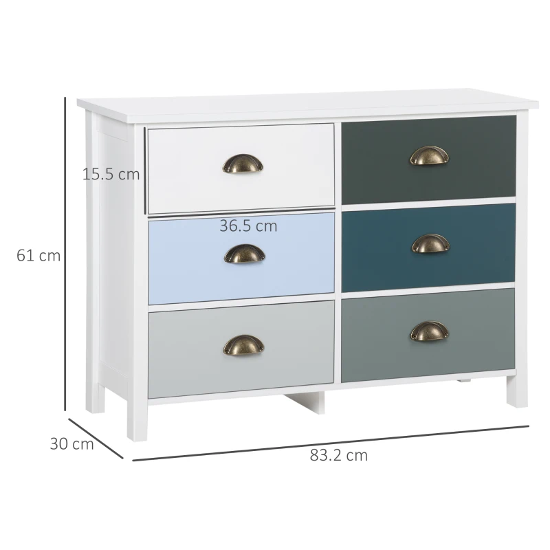 HOMCOM Chest of Drawers，6 Drawer Cabinet w/ Metal Handles Shabby Chic Sideboard for Living Room Bedroom, Multi-Coloured
