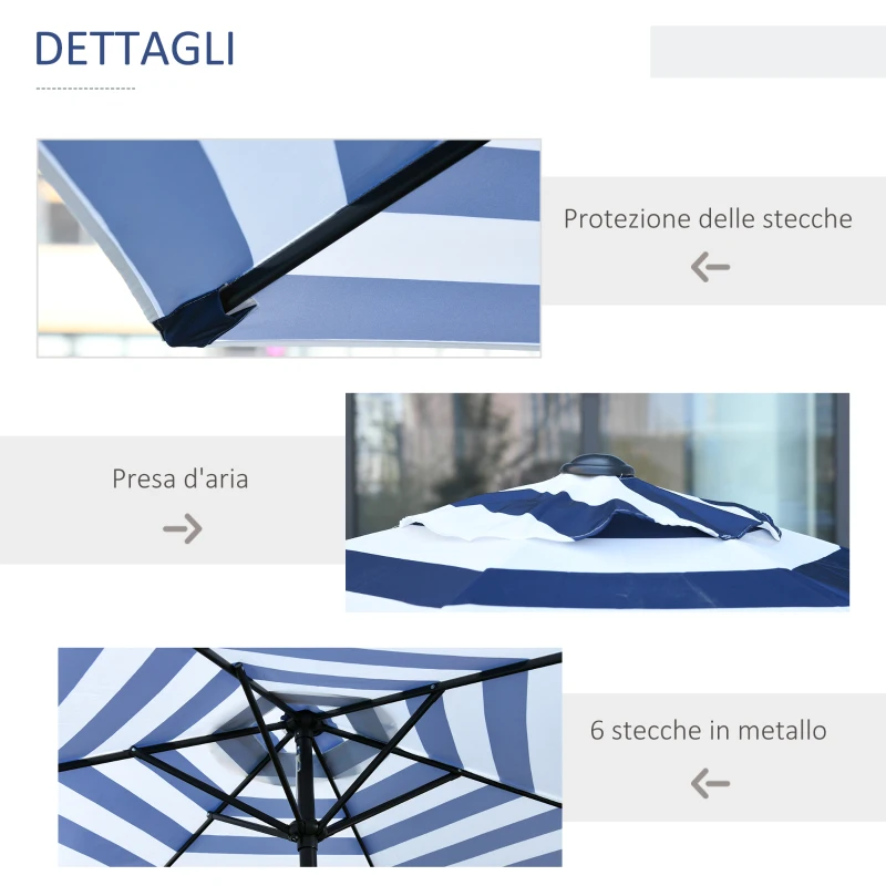 Outsunny Ombrellone da Giardino Inclinabile Φ230cm, Apertura a Manovella, Palo in Metallo e 6 Stecche, Blu e Bianco