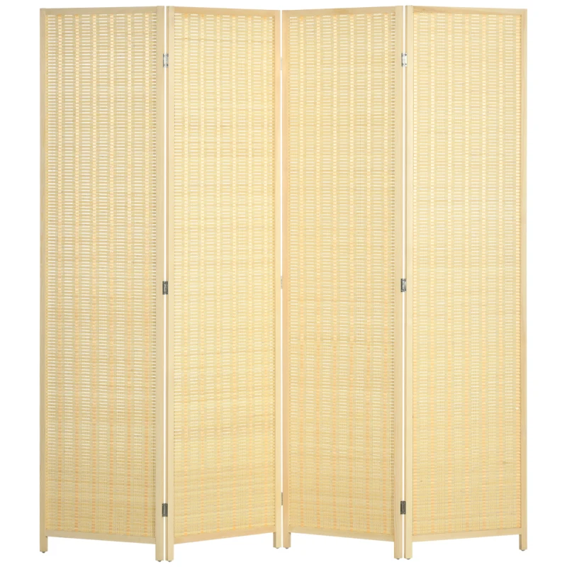 HOMCOM 4-teiliger Raumteiler, 180 x 180 cm, Faltbarer Sichtschutz aus Bambus und Baumwolle für Wohnzimmer, Schlafzimmer, Natur(m-10)