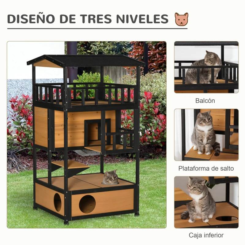 PawHut Caseta para Gatos de Madera 75,5x75x137 cm con Techo Asfáltico Plataformas para Interior y Exterior Natural