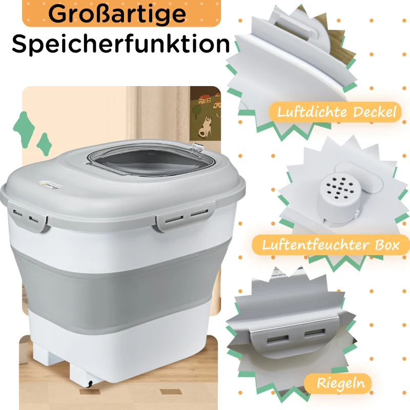 PawHut Trockenfutter-Behälter, faltbar, bis 25 kg, mit Zubehör, 44x32x37cm, Grau