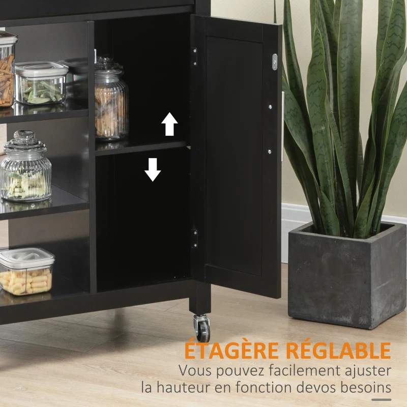HOMCOM Desserte de Cuisine à roulettes Chariot de Service Style Contemporain - Porte, tiroir, 3 étagères - poignées métal Plateau Bois hévéa Noir