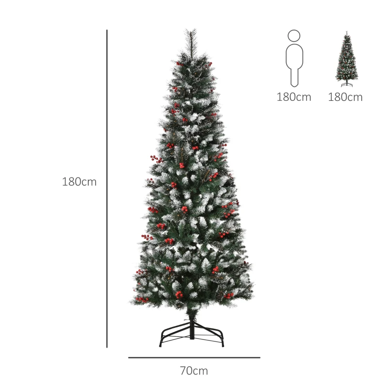 HOMCOM Albero di Natale Innevato con Bacche Rosse, Base Rimovibile e Pieghevole, 539 Rami, Φ70x180cm, Verde
