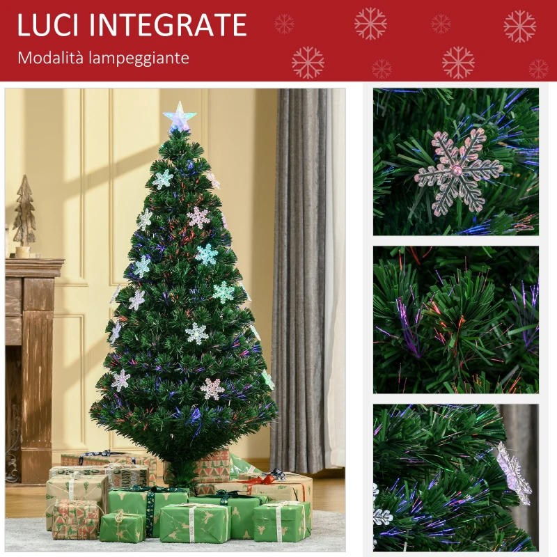 HOMCOM Albero di Natale Artificiale 150cm con Fibre Ottiche e 21 Luci LED, Decorazioni a Forma di Fiocco di Neve, Verde
