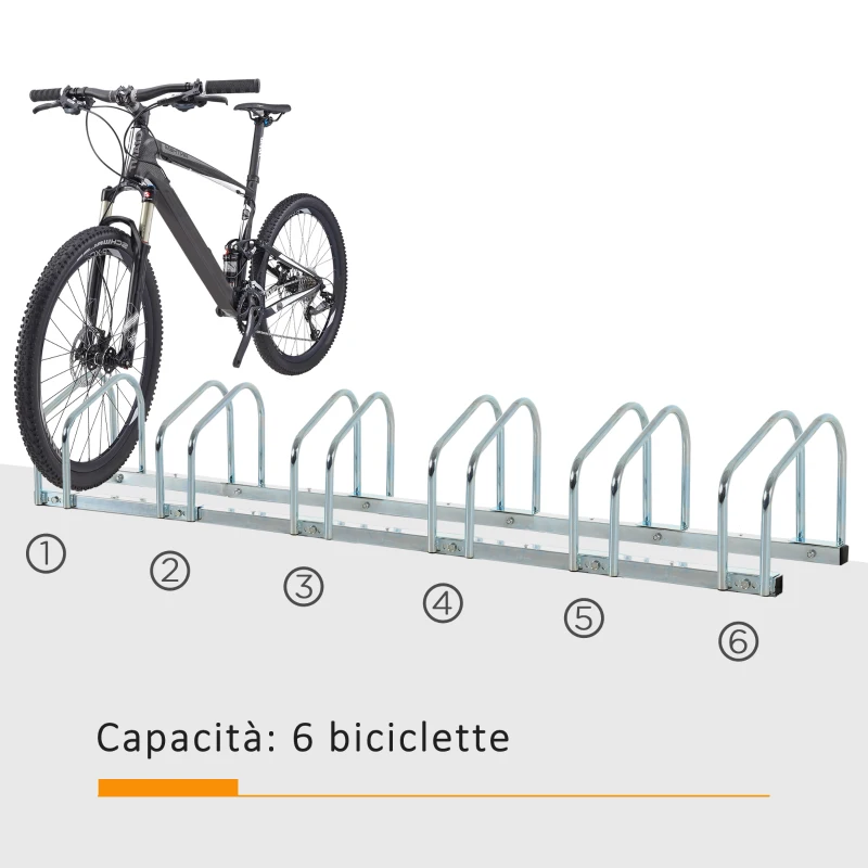 HOMCOM Rastrelliera Portabiciclette Parcheggio per 6 Biciclette in Acciaio, 179x33x27 cm, Argento