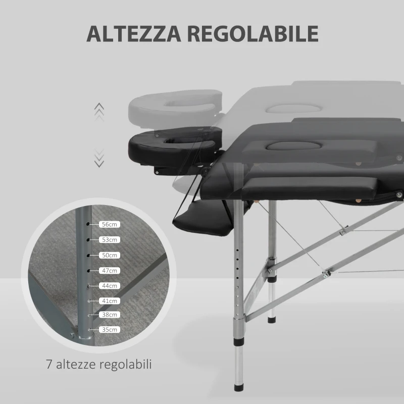 HOMCOM Lettino per Massaggio Portatile e Pieghevole con Altezza Regolabile e Seduta Imbottita, 186x71x62-83 cm, Nero