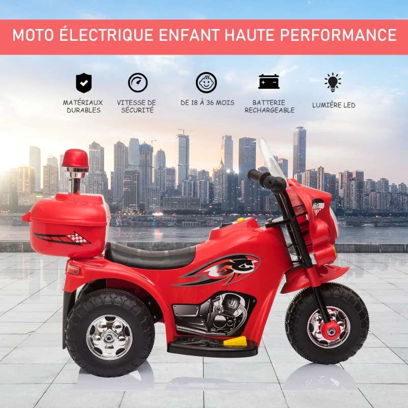 HOMCOM Moto Scooter électrique pour Enfants 2 ans modèle Policier 6 V 3 Km/h Fonctions Lumineuses et sonores Top Case Rouge