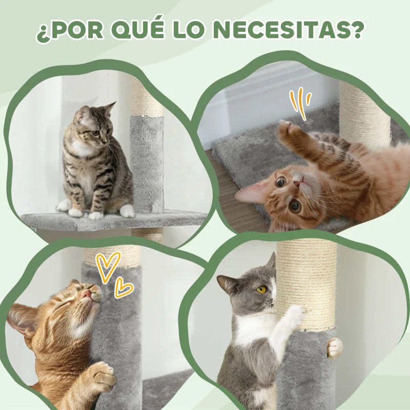PawHut Árbol para Gatos de Suelo a Techo 225-275 cm Torre para Gatos con Múltiples Plataformas Sistema de Antivuelco Gris Claro
