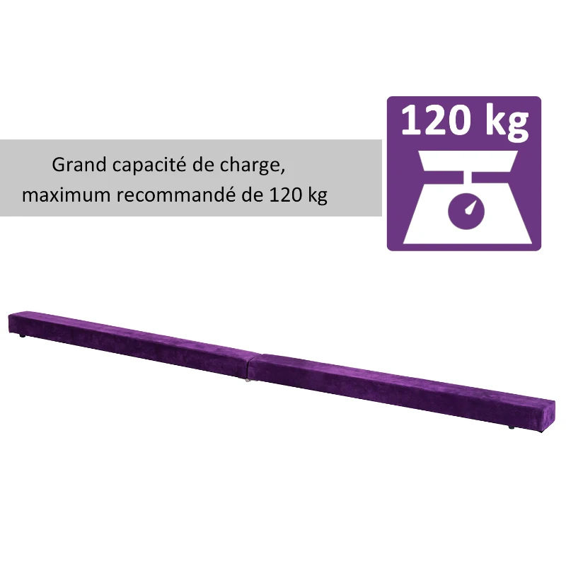 HOMCOM Poutre de gymnastique pliable poutre d'équilibre antidérapante 2,1 m revêtement daim violet
