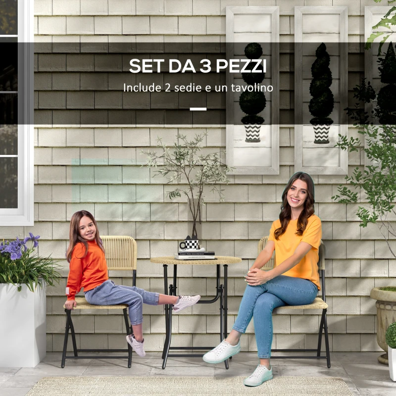 Outsunny Set da Giardino 3 Pezzi in Rattan e Acciaio, 2 Sedie Pieghevoli e Tavolino da Caffè, Giallo e Nero