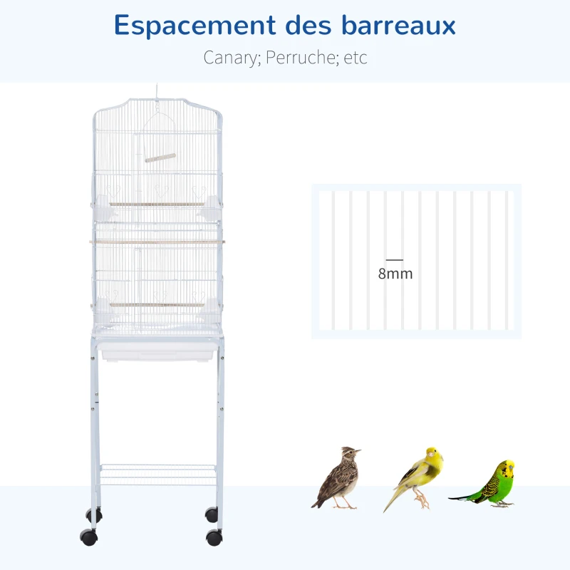 PawHut Cage à oiseaux sur pied volière oiseaux sur roulettes avec toit ouvrant 3 perchoirs étagère inférieure 46,5 x 36 x 157 cm