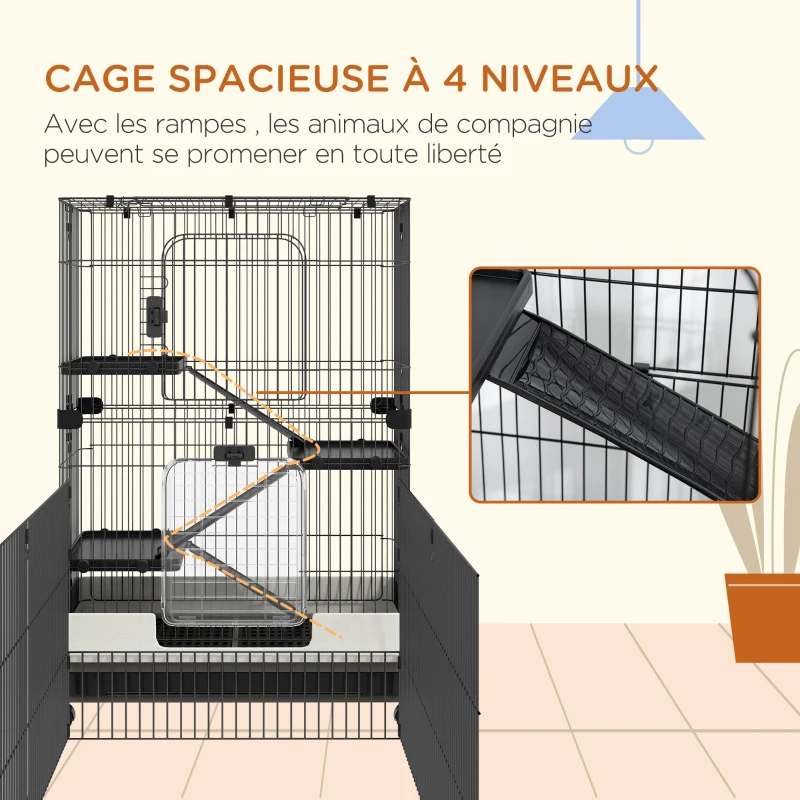 PawHut Cage pour petits animaux roulante 3 plates-formes démontables 3 rampes plateau inférieur amovible métal PP noir
