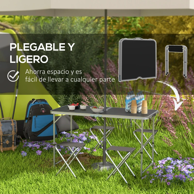 Outsunny Mesa de Camping Plegable Tipo Maletín con 4 Taburetes plegables Mesa 120x60x55-70 cm y Taburetes 33x28x37 cm Negro