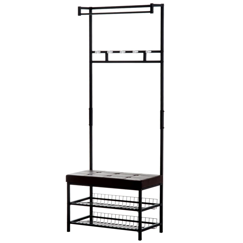 HOMCOM Perchero Metálico de Pie con Asiento Acolchado Estante para Zapatos y Colgador de Ropa para Entrada 72.5x35x180cm Negro