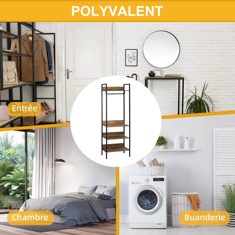 HOMCOM Penderie portemanteau avec 4 étagères et 1 tringle style industriel en métal noir 60 x 40 x 180 cm