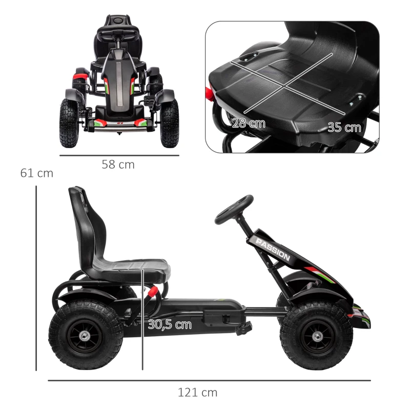 HOMCOM Go Kart a Pedales para Niños con Asiento Ajustable Neumáticos de Goma Freno de Mano Carga 50 kg 121x58x61 cm Negro