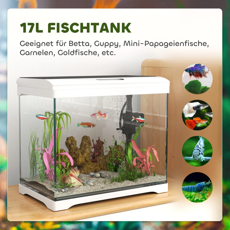 PawHut Aquarium, 17 L Tropenfischaquarium, leichte Pflege, klare Sicht, mit LED-Leuchten, 35L x 21B x 31H cm, Weiß+Schwarz