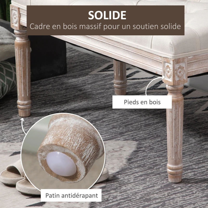 HOMCOM Banc Banquette classique capitonné 80cm bout de lit Rembourrée en lin - bois d'hévéa sculpté, patiné - beige