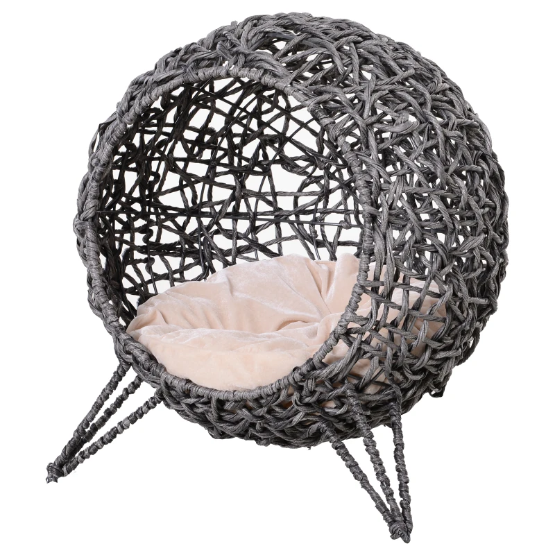 PawHut Katzenhaus aus Rattan mit Kissen Katzenschlafplatz Katzenhöhle mit erhöhten Füßen Silbergrau Ø52 x 58 cm