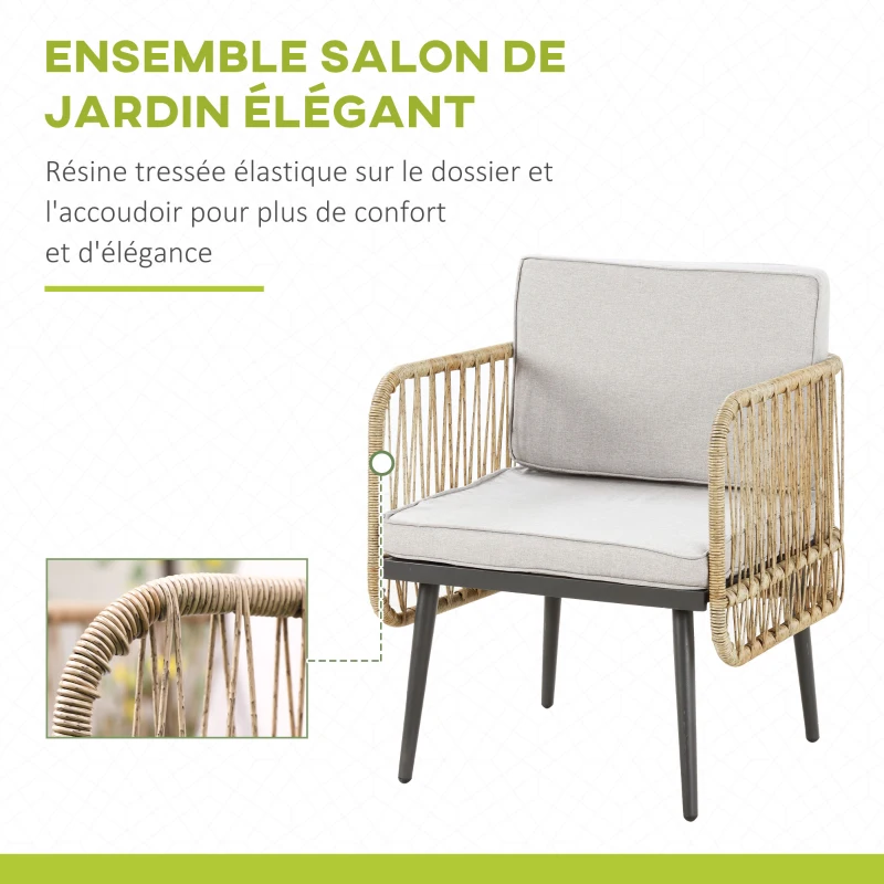 Outsunny Ensemble salon de jardin 4 pièces canapé 2 places + 2 fauteuils + 1 table basse plateau verre trempé 8 coussins - métal et résine tressée - beige