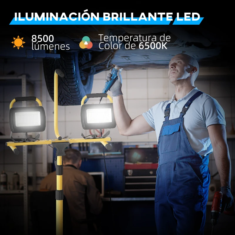 HOMCOM Foco LED Doble con Trípode Plegable 8500 Lúmenes IP65 6500K y Cabezas Ajustables para Interior y Exterior Amarillo