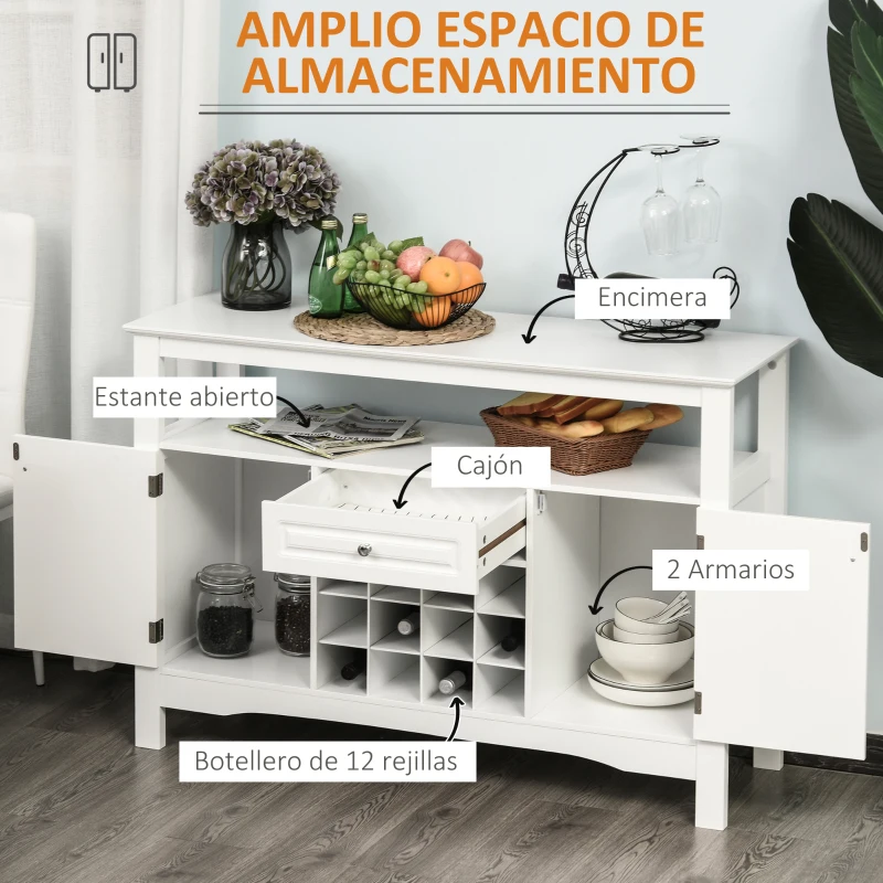 HOMCOM Aparador de Comedor con 1 Cajón 1 Estante Abierto 2 Puertas y Botellero para 12 Botellas 116,5x40x82,5 cm Blanco