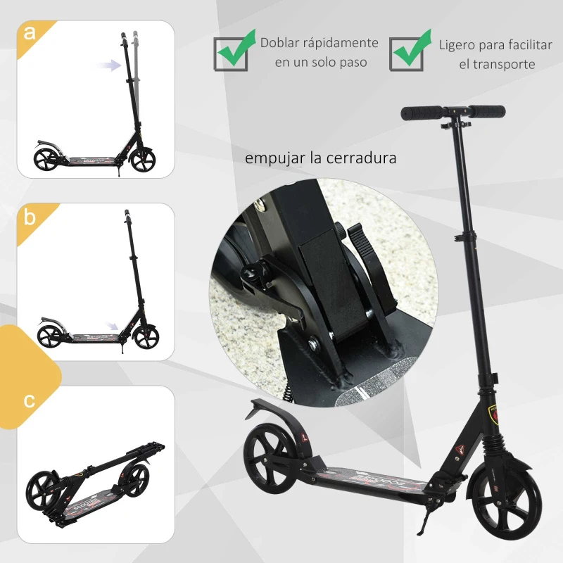 HOMCOM Patinete Plegable Scooter con Manillar Altura Ajustable Patinete Ligero para Adultos y Niños (más de 14 años) Tipo Monopatín con Freno Grandes Ruedas Ø200 mm Aluminio Carga 100kg