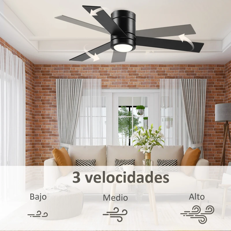 HOMCOM Ventilador de Techo Motor AC 48W con Luz LED Mando a Distancia 3 Velocidades y 3 Aspas de Madera Ø112x25 cm Negro