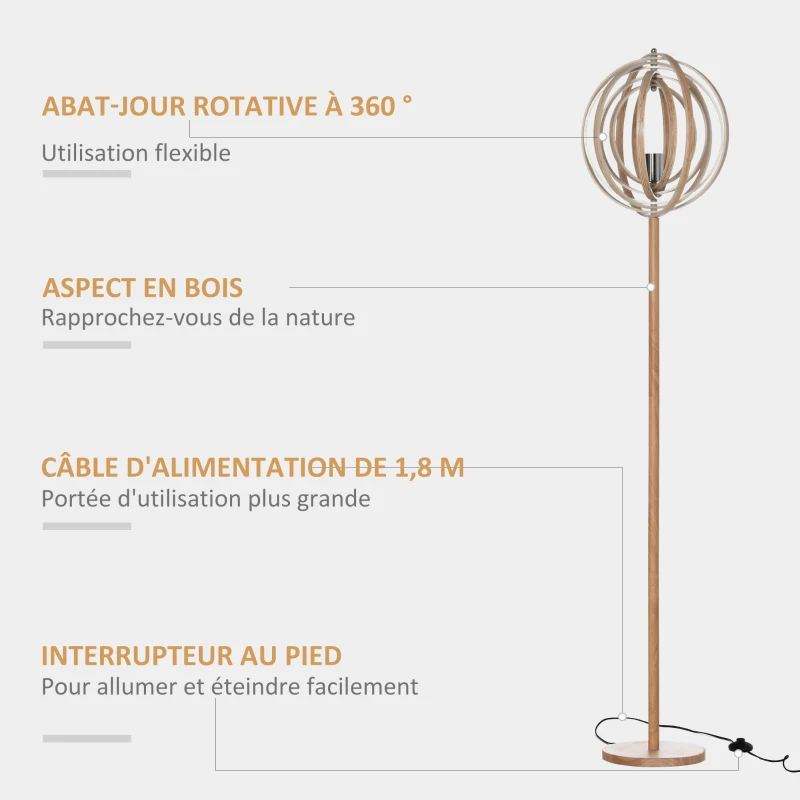 HOMCOM Lampadaire sur Pied Circulaire 40 W Max. Abat-Jour bois naturel clair dim. Ø 38 x 160 cm