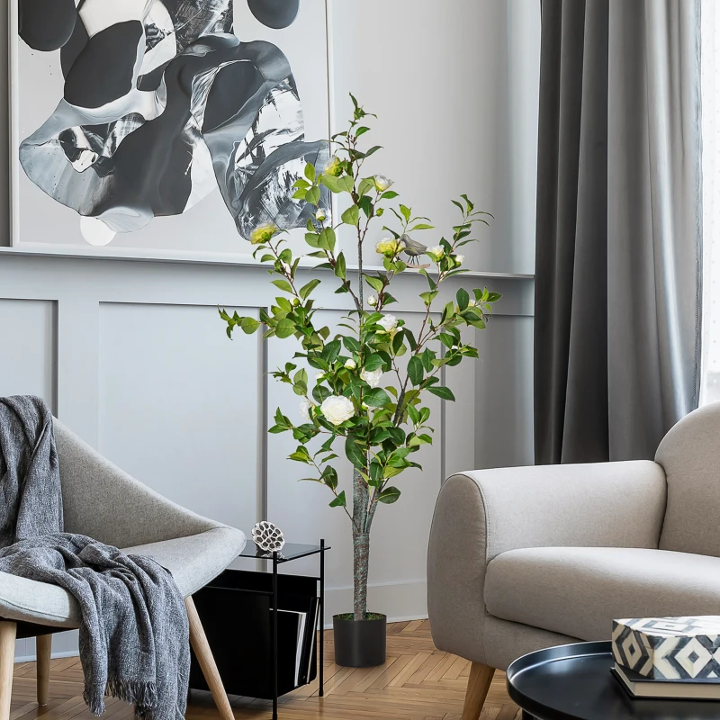 HOMCOM Pianta Finta Albero Camelia con Vaso e 25 Fiori per Interno ed Esterno, Altezza 150cm