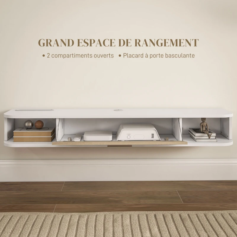 HOMCOM Meuble TV mural banc TV jusqu'à 50 pouces avec compartiments ouverts et armoire à porte rabattable blanc