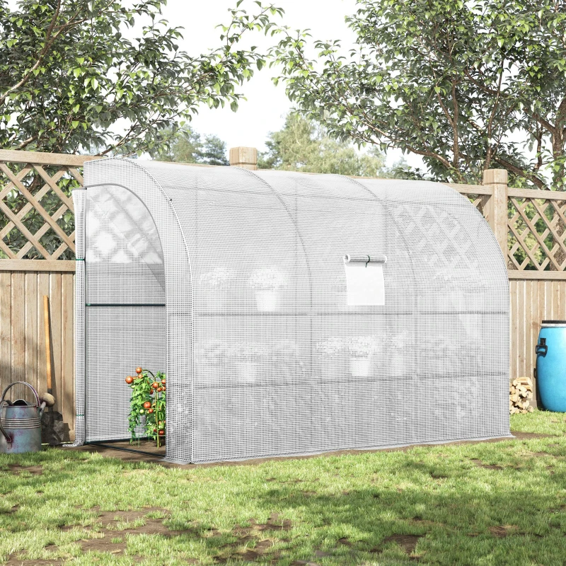 Outsunny Outdoor Walk-In Greenhouse, Plant Nursery with Zippered Doors, PE Cover and 3-Tier Shelves, White, 300 x 150 x 213 cm