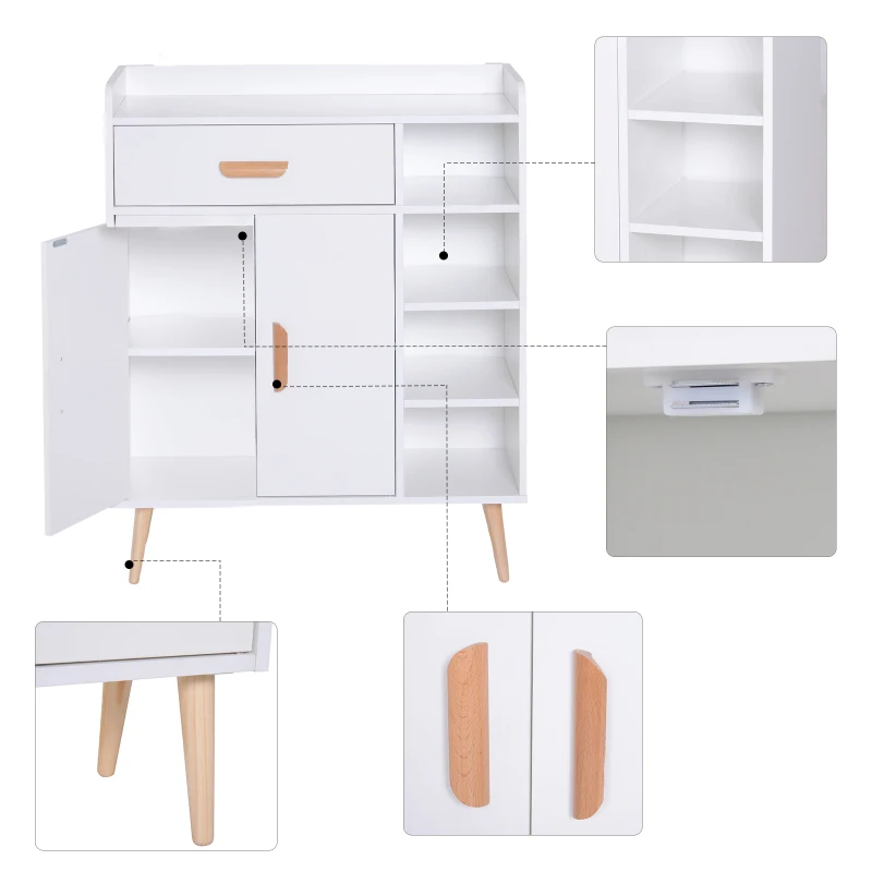 HOMCOM Meuble de rangement design scnadinave dim. 80L x 30l x 96H cm 4 niches placard 2 portes étagère tiroir coulissant bois massif panneaux particules blanc
