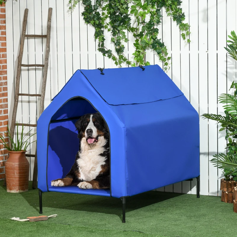PawHut Caseta para Perros Grandes 130x85x121 cm Cama Elevada para Mascotas con Cubierta Desmontable y Ventanas de Malla Azul