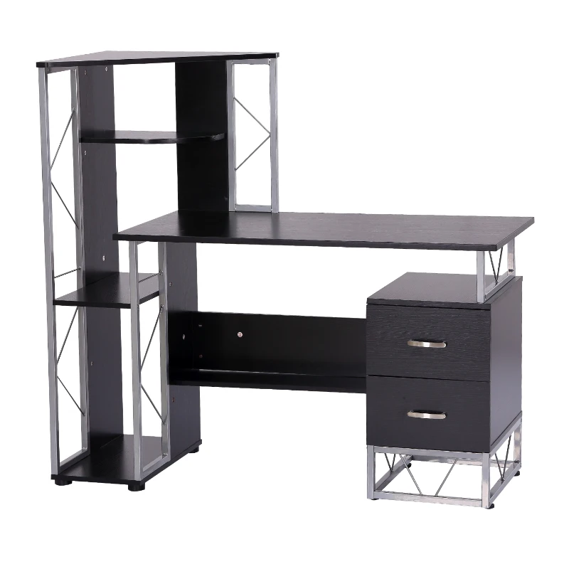 HOMCOM Bureau informatique design industriel 133L x 155l x 123H cm multi-rangements bibliothèque 3 étagères + 2 tiroirs MDF métal MDF noir