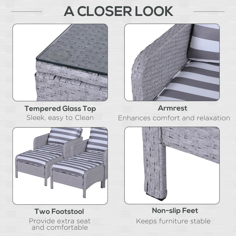 Outsunny 5 Pieces PE Rattan Garden Furniture Set with 10cm Thick Padded Cushions, Wicker Weave Outdoor Seating Chairs with 2 Armchairs, 2 Stools, Glass Top Table, Grey and White