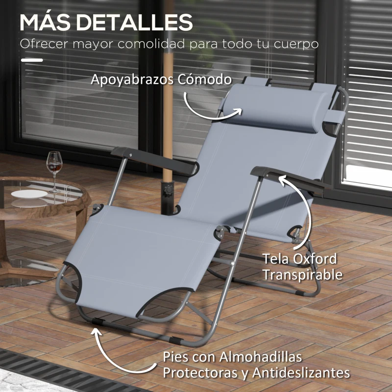Outsunny Tumbona Reclinable y Plegable con Respaldo Ajustable en 2 Niveles Reposacabezas y Bolsillo Carga 136 kg 118x60x80cm Gris