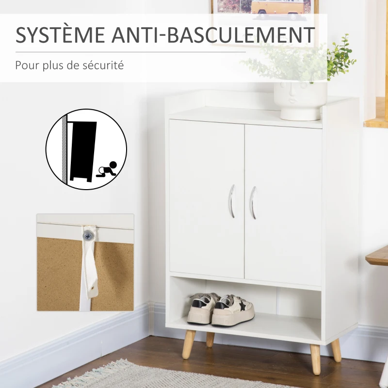 HOMCOM Meuble à Chaussures scandinave Placard 2 Portes 4 étagères Pieds effilés inclinés Bois Massif Panneaux Particules Blanc