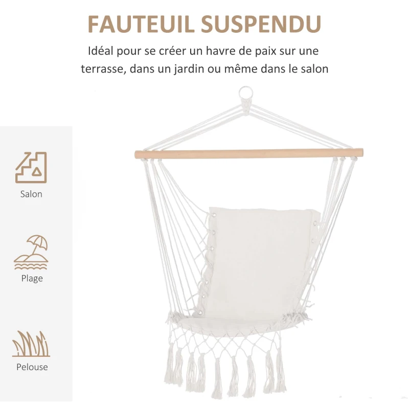Outsunny Chaise Suspendue Chaise hamac de Voyage Portable Assise Dossier rembourrés macramé Coton Polyester Beige