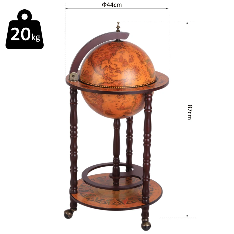 HOMCOM Bar globe terrestre Vintage déco. cartographie Vieux Monde mappemonde sur roulettes Ø 45 x 87H cm range-bouteilles et verres globe ABS châssis bois