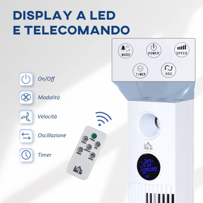 HOMCOM Ventilatore a Torre 45W a 3 Modalità e 3 Velocità con Timer da 12h e Diffusore, 31.5x31.5x96 cm, Bianco