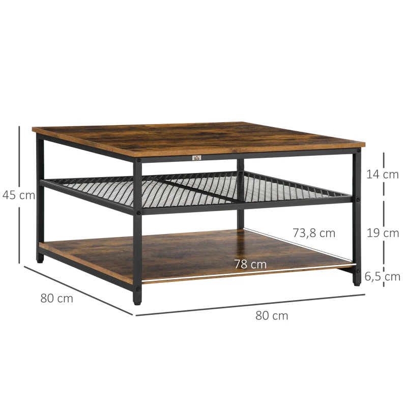 HOMCOM Mesa de Centro Mesa de Café con 2 Estantes para Salón Dormitorio Comedor Carga 30 kg 80x80x45 cm Marrón Rústico