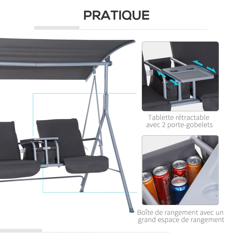Outsunny Balancelle Design de Jardin 2 Places Inclinaison Toit réglable Tablette rétractable Rangement Acier Gris Clair Noir