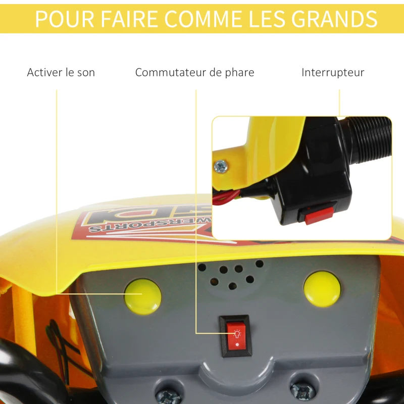 HOMCOM Moto électrique enfants, moto cross pour enfants avec batterie 6 V, phares, musiques et roues d'entraînement, 3 à 6 ans, charge 25KG, jaune et noir