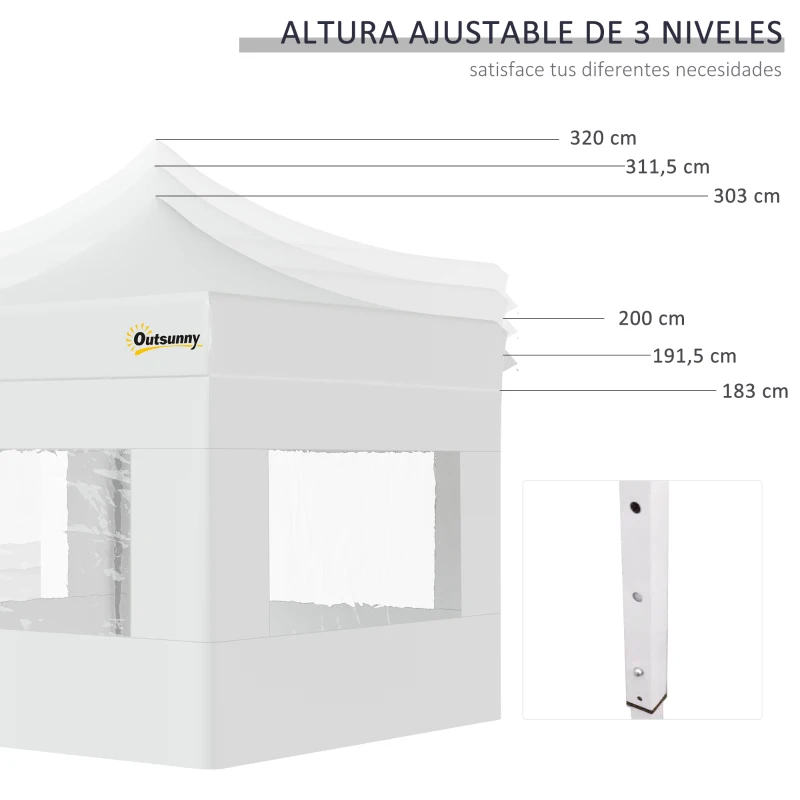Outsunny Carpa Plegable 3x3 m con Altura Ajustable Cenador de Jardín con 4 Paredes Extraíbles de Tela Oxford 4 Ventanas y Bolsa de Transporte Impermeable Gazebo para Exterior Terraza Camping Blanco