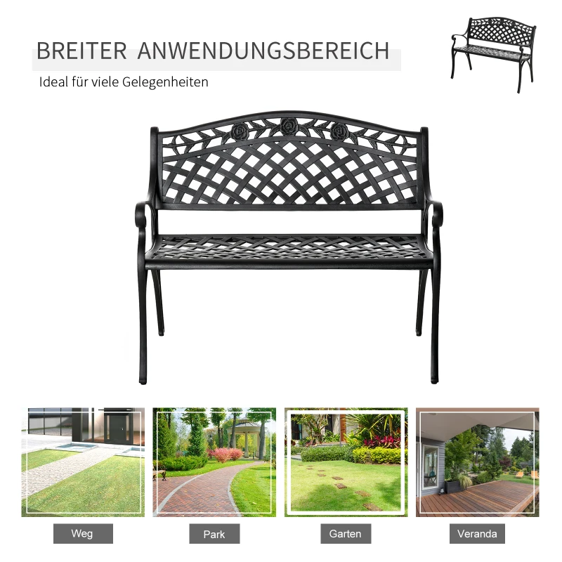 Outsunny 2-Sitzer Sitzbank Alu Gartenbank Metallbank Bank mit Armlehnen Landhausstil Schwarz 102,5 x 61 x 84 cm