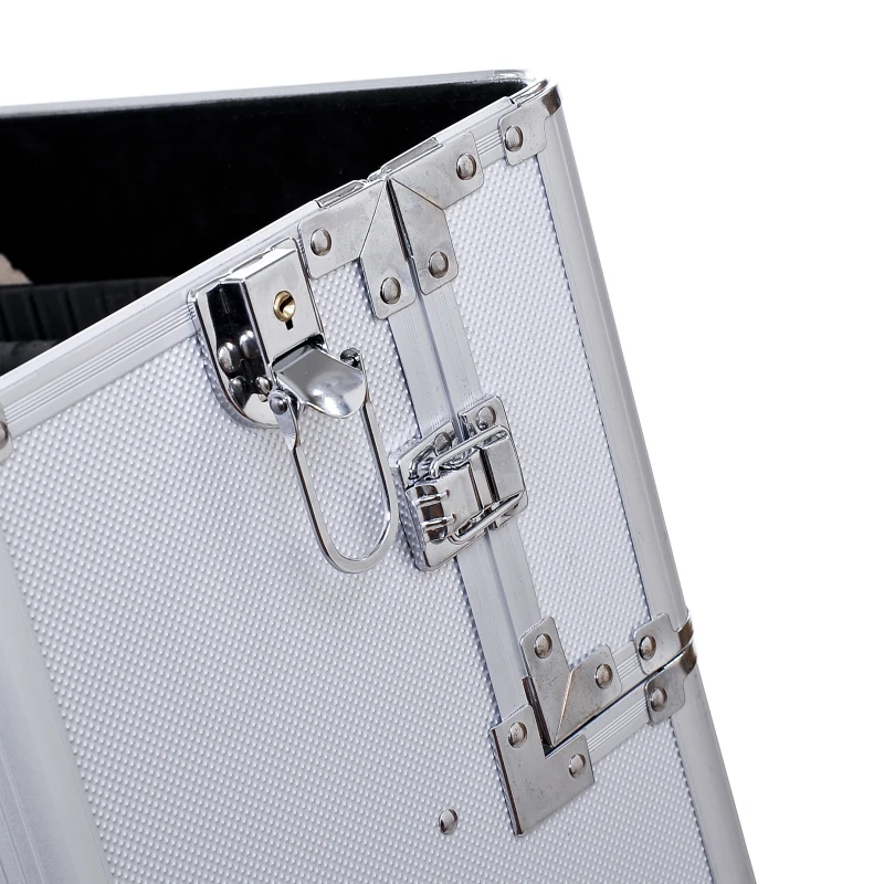 HOMCOM Valigetta Beauty Case 2 in 1 con Maniglia Regolabile su 3 Livelli e Ruote, Trucco Professionale Trolley per Make Up in Alluminio, 35.5x23x105 cm, Argento