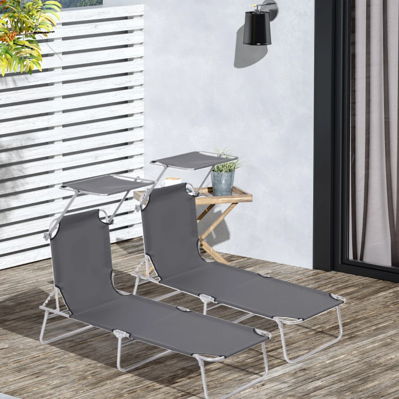 Outsunny 2 Pieces Outdoor Foldable Sun Lounger, 4 Level Adjustable Backrest Reclining Sun Lounger Chair with Angle Adjust Sun Shade Awning for Beach, Garden, Patio, Dark Grey